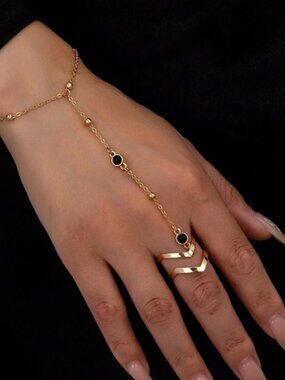 Gold and Black Hand Chain Bracelet w/ Adjustable Ring